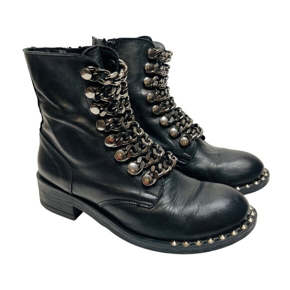 Ovyé Leather studded Chain lace Biker Combat moto Boots Size 38 Goth rock ankle - Picture 1 of 10